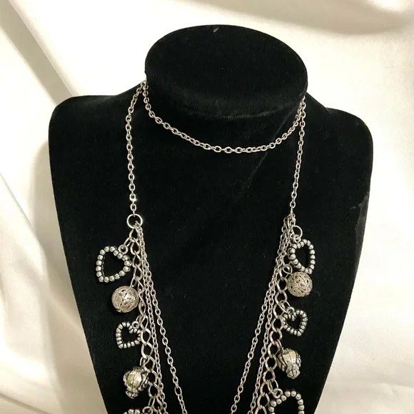 SilverTone Acrylic Heart Charms Necklace - Picture 5 of 5